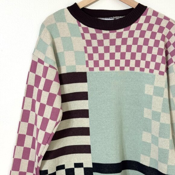 Daisy Street Patchwork Oversized Jumper Sweater Dress UK 8 US XS Stripe Checker - Picture 2 of 9